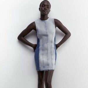 Zara Two-Tone Patchwork Denim Mini Dress. Size XS. Raw hem style